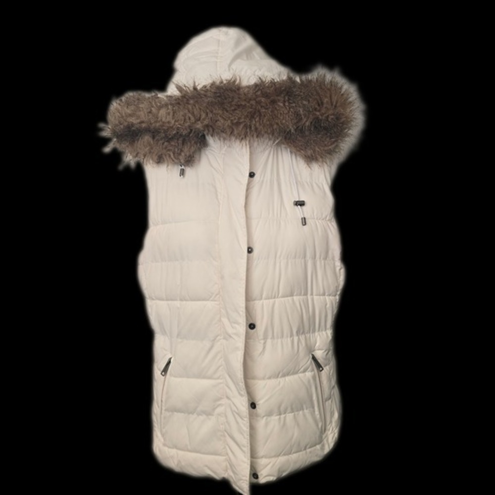 Banana Republic Cream Puffer Vest Hooded Faux Fur Trim Zip Pockets Size‎ L